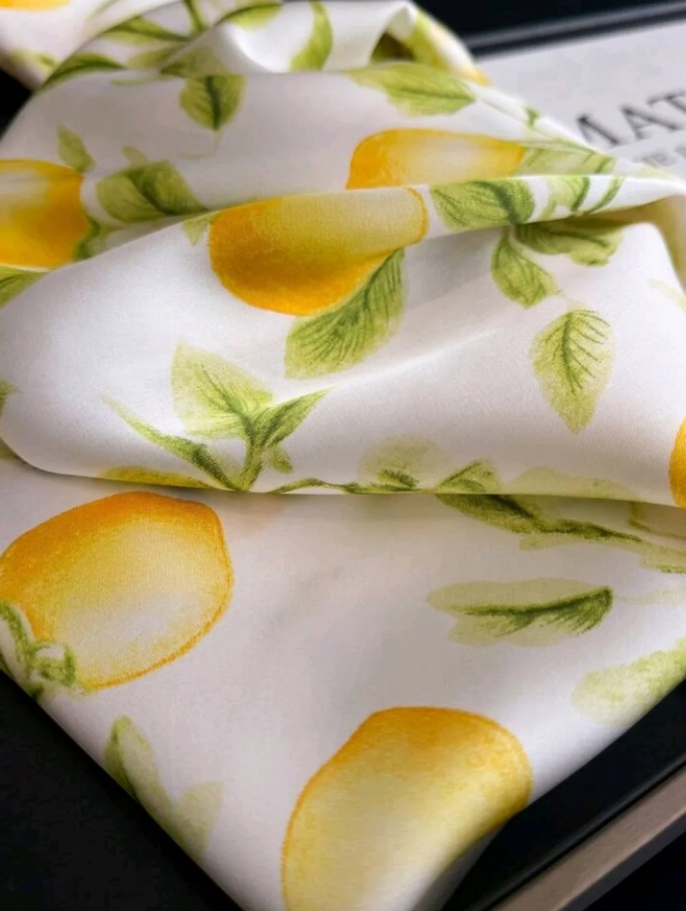 Yellow Lemons Print Satin Scarf Summer Elegant Fun Scarf